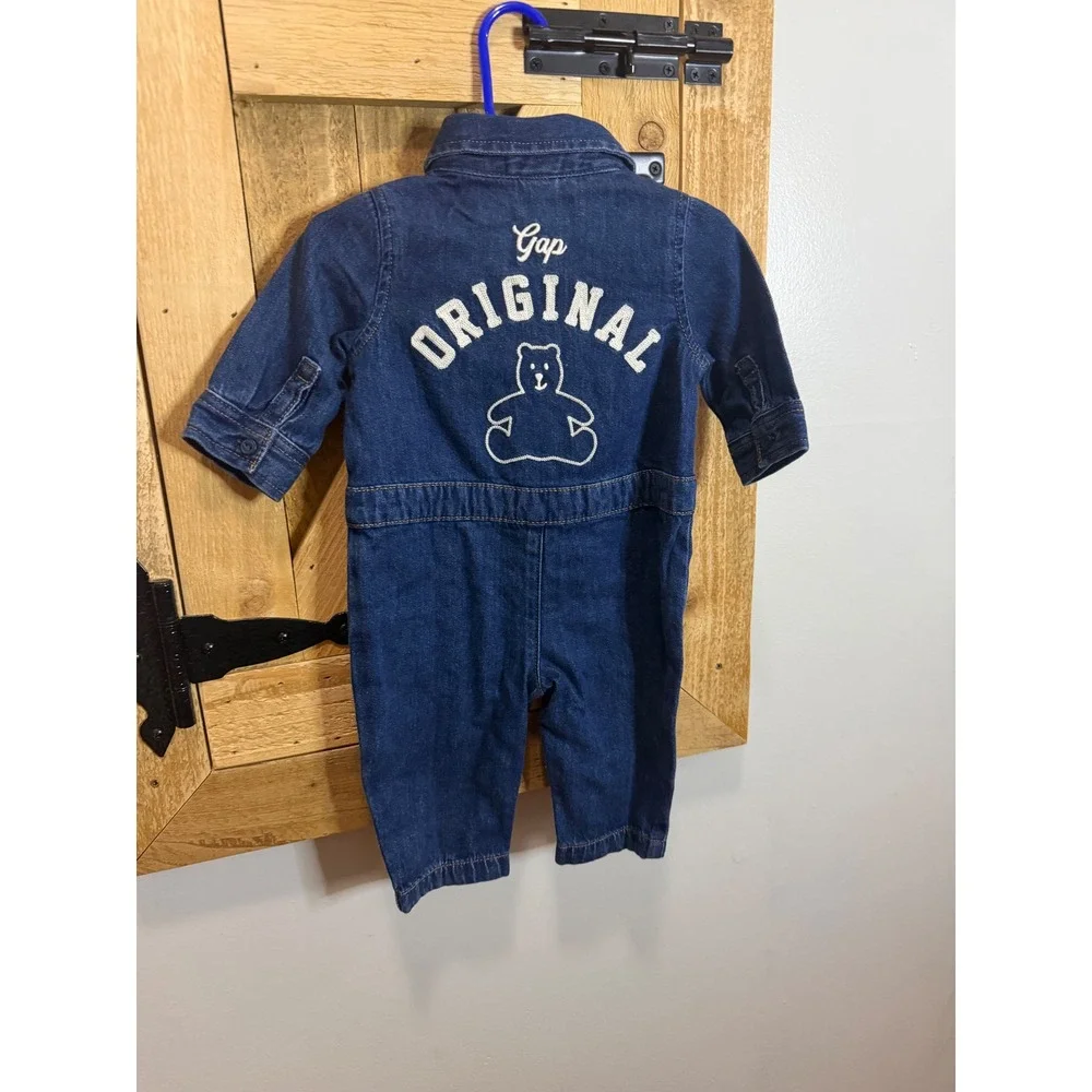 Baby Gap Denim Romper Dark Wash Bear Graphic One Piece Coverall 3-6 Months